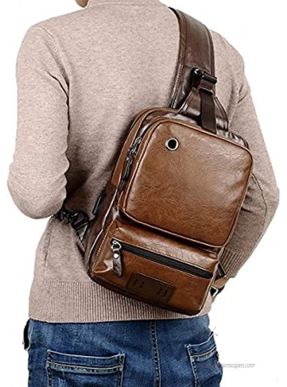 Small Black Sling Crossbody Backpack Shoulder Bag for Men Women Vintage PU Leather Sling Backpack Cycling USB Charger
