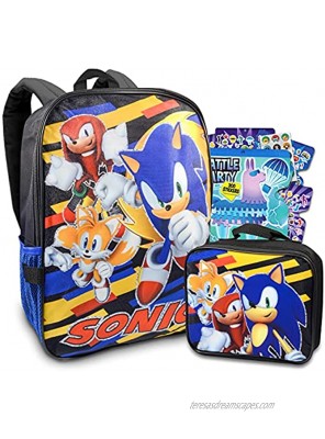 Sonic The Hedgehog Backpack With Lunch Box For Kids ~ 3 Pc Bundle Featuring Sonic Tails And Knuckles School Bag Lunch Bag And Stickers | Video Game School Supplies Set