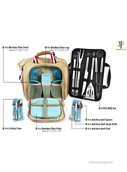 BAMBOO LAND Large Picnic camping Bag for 4 person with Insulated Cooler Compartment outdoor bag with utensils& BBQ tools& bamboo plates for camping hiking Blue Dishware