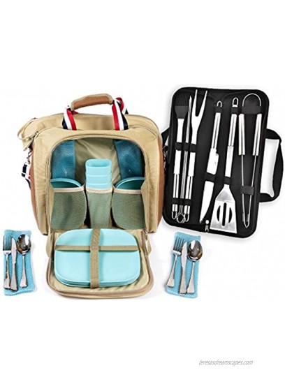 BAMBOO LAND Large Picnic camping Bag for 4 person with Insulated Cooler Compartment outdoor bag with utensils& BBQ tools& bamboo plates for camping hiking Blue Dishware