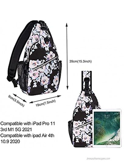 MOSISO Sling Backpack,Travel Hiking Daypack Pattern Rope Crossbody Shoulder Bag Black Base Peachbloom