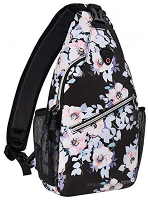 MOSISO Sling Backpack,Travel Hiking Daypack Pattern Rope Crossbody Shoulder Bag Black Base Peachbloom
