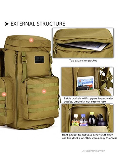 Protector Plus Tactical Hiking Daypack 70-85L Military MOLLE Assault Backpack Army Traveling Camping Pack Bug Out Bag Outdoor Rucksack Rain Cover & Patch Included,Brown