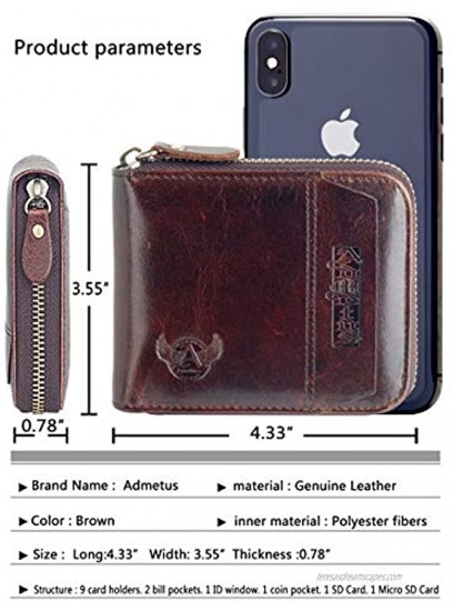 Admetus Men's Genuine Leather Short Zip-around Bifold Wallet