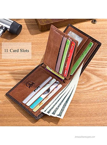 BULLCAPTAIN RFID Wallets for Men Slim Bifold Genuine Leather Front Pocket Wallet with 2 ID Windows QB-05 Brown
