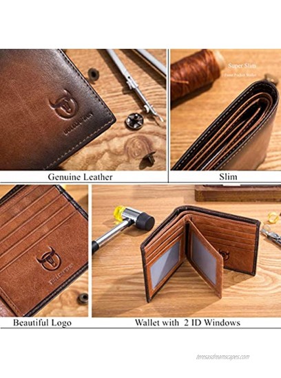 BULLCAPTAIN RFID Wallets for Men Slim Bifold Genuine Leather Front Pocket Wallet with 2 ID Windows QB-05 Brown