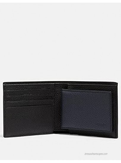 Coach Men's 3-In-1 Wallet In Refined Pebble Leather With Varsity Stripe Black Saddle Midnight