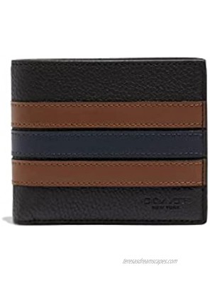 Coach Men's 3-In-1 Wallet In Refined Pebble Leather With Varsity Stripe Black Saddle Midnight