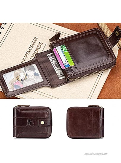 LAOSHIZI Zipper Wallets for Men Genuine leather Zip Around Purse RFID Blocking Bifold ID Window with Coin Pocket