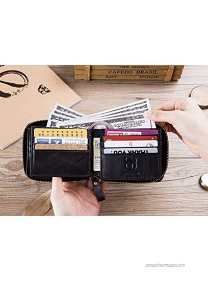Mens Genuine Leather Zipper Wallet RFID Blocking Bifold Secure Zip Around Wallets Multi Credit Card Holder Purse black