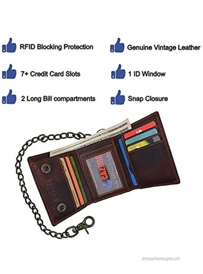 RFID Blocking Men's Tri-fold Vintage Leather Biker Chain Wallet With Snap Closure