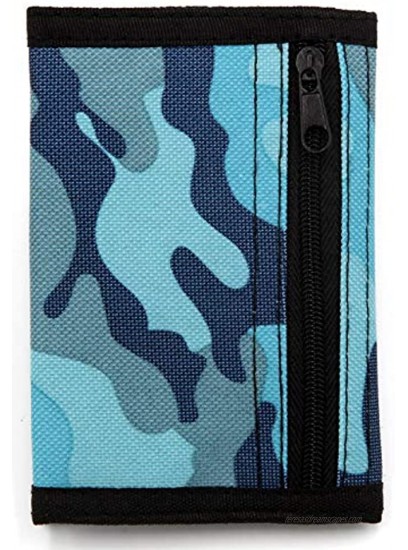RFID Trifold Canvas Camouflage Wallet for Men,Mini Coin Purse with Zipper and Front Pocket for KidsBlue Small