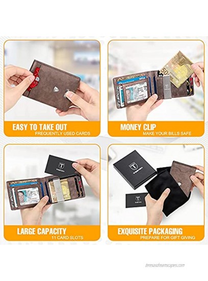 TEEHON Leather Slim Wallet for Men Money Clip RFID Blocking Bifold Minimalist Wallet 10 Credit Card Holders 1 ID Window Front Pocket Wallet with Gift Box for Father Husband Brother-New
