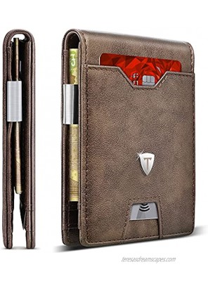 TEEHON Leather Slim Wallet for Men Money Clip RFID Blocking Bifold Minimalist Wallet 10 Credit Card Holders 1 ID Window Front Pocket Wallet with Gift Box for Father Husband Brother-New