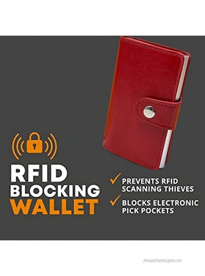 Credit Card Holder for Women or Men RFID Blocking Genuine Leather Vintage Aluminum Business Card Organizer Slim Card Case Minimalist Credit Card Wallets Red