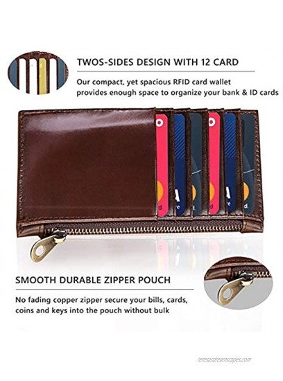 LLi Cufite Genuine Leather Slim Wallet 2-sides 12 Card Slots Zipper Card Holder