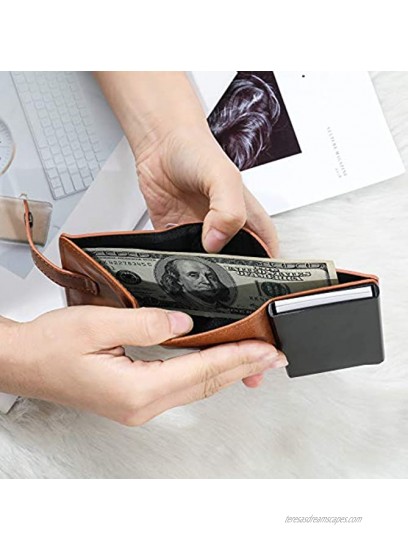 Minimalist Credit Card Holder,Aluminum RFID Blocking Wallet Slim Leather Smart Pop-Up Card Case for Men Gift Light brown