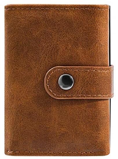 Minimalist Credit Card Holder,Aluminum RFID Blocking Wallet Slim Leather Smart Pop-Up Card Case for Men Gift Light brown
