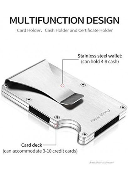 NEW-BRING Slim RFID Credit Card Holder for Men Money Clip Aluminum Metal Wallet Front Pocket Card Case Silver