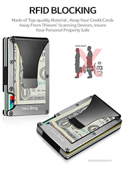 NEW-BRING Slim RFID Credit Card Holder for Men Money Clip Aluminum Metal Wallet Front Pocket Card Case Silver