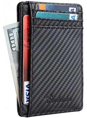 Travelambo Front Pocket Minimalist Leather Slim Wallet RFID Blocking Carbon Fiber TextureBlack