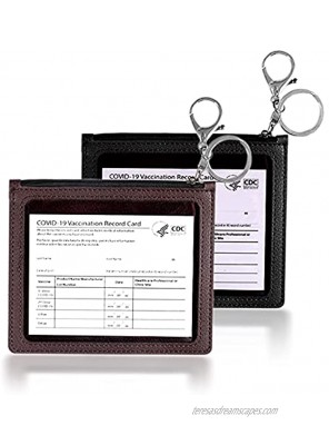 Yolonce 2pcs Handmade Leather Vaccine Card Case Protector with Functional Zipper Pouch & Keychain，Vaccination Card Protector 4 X 3 Inches with Transparent Clear Window Brown&Black