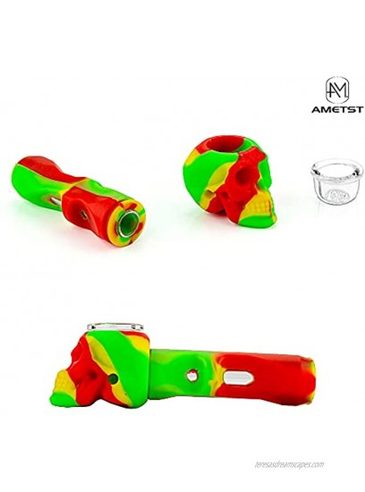 AMETST Silicone Skull Holder Straw 5.12×1.5,Reusable silicone Straw with 9-Hole Glass Bowl Piece Red Yellow Green