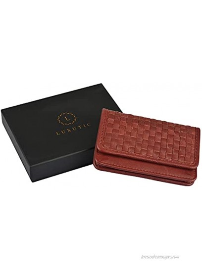 Luxutic Streamlined Business Card Holder With Sheep Skin Leather Weaving Design Maroon With Two Credit Card Slot