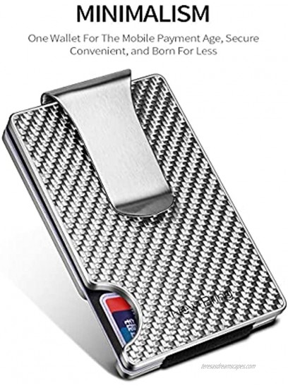 NEW-BRING Slim RFID Carbon Fiber Credit Card Holder for Men Removable Money Clip Aluminum Metal Wallet Front Pocket Card Case Silver