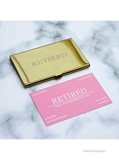 RXBC2011 Retired Business Cards Funny Retirement Gift 50 Pink Card With Gold Mirror Stainless Steel Case For Retired Men Women Coworkers Employees Boss Friend Colleague