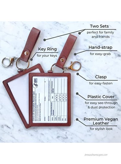Vaccine Card Protector 2 Pack Premium Vegan Leather 4x3 inch Vaccine Card Holder with Hand Strap and Clip Deep Brown