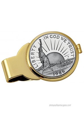 Coin Money Clip 1986 Statue of Liberty Commemorative Half Dollar | Brass Moneyclip Layered in Pure 24k Gold | Holds Currency Credit Cards Cash | Genuine U.S. Coin | Certificate of Authenticity