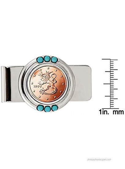 Coin Money Clip Finland Two Euro | Brass Moneyclip Layered in Silver-Tone Rhodium with Genuine Turquoise Stones | Holds Currency Credit Cards Cash | Genuine Coin | Certificate of Authenticity