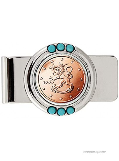Coin Money Clip Finland Two Euro | Brass Moneyclip Layered in Silver-Tone Rhodium with Genuine Turquoise Stones | Holds Currency Credit Cards Cash | Genuine Coin | Certificate of Authenticity