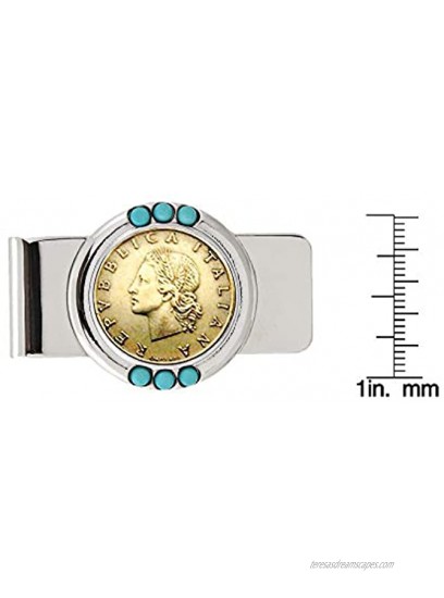 Coin Money Clip Italian 20 Lira | Brass Moneyclip Layered in Silver-Tone Rhodium with Genuine Turquoise Stones | Holds Currency Credit Cards Cash | Genuine Coin | Certificate of Authenticity