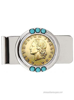 Coin Money Clip Italian 20 Lira | Brass Moneyclip Layered in Silver-Tone Rhodium with Genuine Turquoise Stones | Holds Currency Credit Cards Cash | Genuine Coin | Certificate of Authenticity