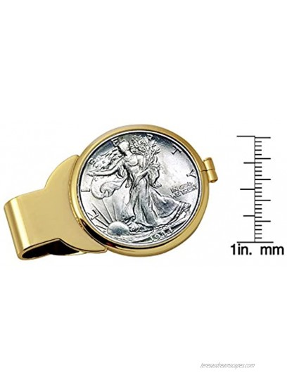 Coin Money Clip Silver Walking Liberty Half Dollar | Brass Moneyclip Layered in Pure 24k Gold | Holds Currency Credit Cards Cash | Genuine U.S. Coin | Includes a Certificate of Authenticity
