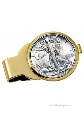 Coin Money Clip Silver Walking Liberty Half Dollar | Brass Moneyclip Layered in Pure 24k Gold | Holds Currency Credit Cards Cash | Genuine U.S. Coin | Includes a Certificate of Authenticity