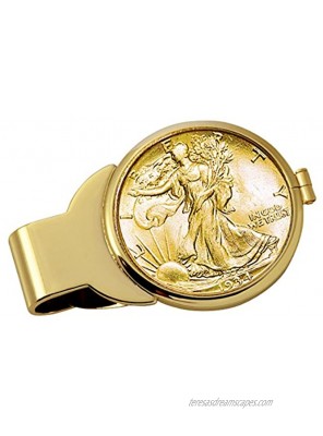 Coin Money Clip Silver Walking Liberty Half Dollar Layered in Pure 24k Gold | Brass Moneyclip Layered in Pure 24k Gold | Holds Currency Credit Cards Cash | Genuine U.S. Coin