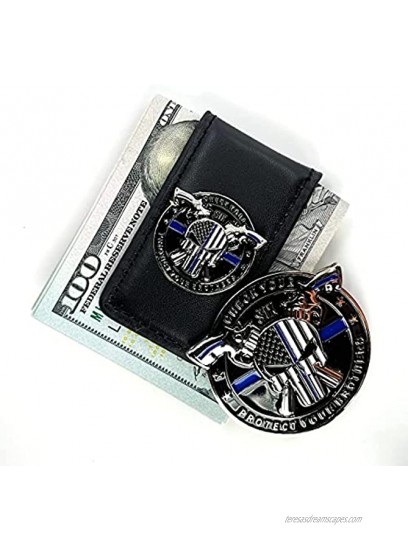 Skull Thin Blue Line Watch Your Six Challenge Coin & Magnetic Money Clip Gift Set