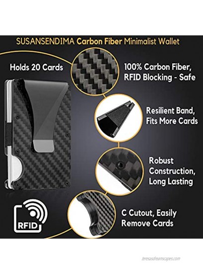 Susan Sendima Carbon Fiber Minimalist Wallet Credit Card Holder RFID Blocking Anti Scan Metal Money Clip Front Pocket Slim Black Mini Wallets for Men with Cash Clip Travel Hiking Everyday Use Light
