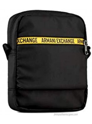 Armani Exchange men's small messenger shoulder bag black nylon fabric yellow logo code 952271 0A830 BLACK
