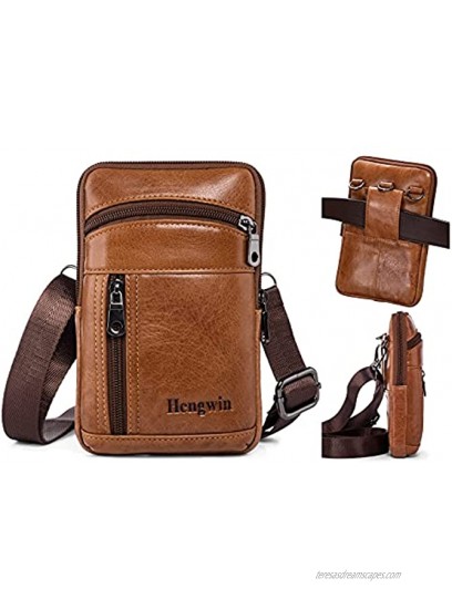 Hengwin Leather Cross Over Bag Mobile Phone Holder Samsung Note 20 Ultra 5G 10 Lite Z flip s10+ iPhone 12 11 Pro XS Max 8 7 6S Plus case Wallet Phone Holster for Belt with Securing Straps Brown