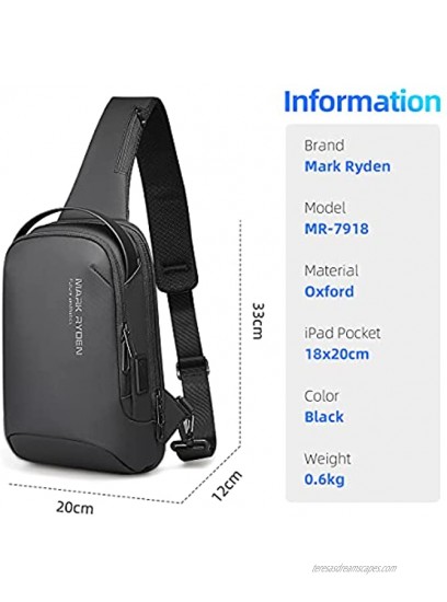 Muzee Mark Ryden Waterproof Mens Sling Bag with USB Charging Port，Lightweight Travel Shoulder Bag Fit for 7.9 Ipad
