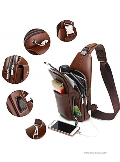 QXuan Men's Sling Bag Vintage Genuine Leather Backpack Purse Anti-theft with USB Charging Port and Headphone Hole,Small Chest Shoulder Bags Daypack for Outdoor Casual Sport Travel