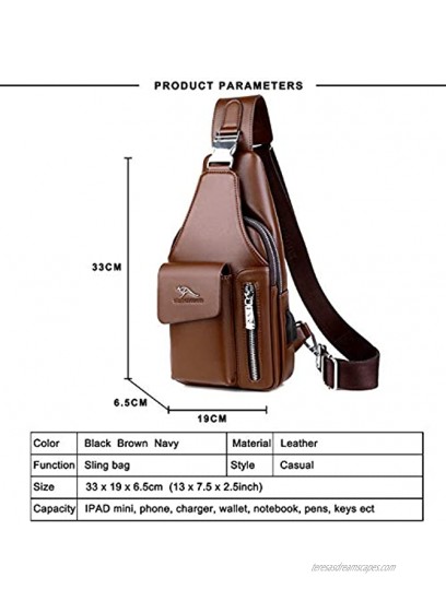 QXuan Men's Sling Bag Vintage Genuine Leather Backpack Purse Anti-theft with USB Charging Port and Headphone Hole,Small Chest Shoulder Bags Daypack for Outdoor Casual Sport Travel