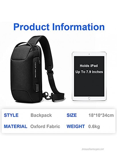 Sling Bags for Men Chest Shoulder Cross Body Backpack with USB Charging Port Fit for 7.9 iPad Water Resistant Lightweight Anti Theft Password Lock for Outdoor Travel