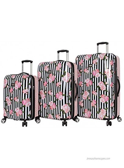 Betsey Johnson Designer Luggage Collection Expandable 3 Piece Hardside Lightweight Spinner Suitcase Set Travel Set includes 20-Inch Carry On 26 inch and 30-Inch Checked Suitcase Stripe Roses