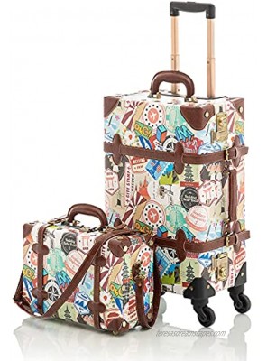 COTRUNKAGE Small 20" Vintage Luggage Set 2 Pieces Carry On Suitcase for Womens Stamp 13" & 20"