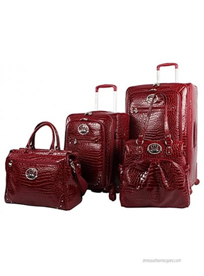 Kathy Van Zeeland Croco PVC Designer Luggage 4 Piece Softside Expandable Lightweight Spinner Suitcases Travel Set includes a Dowel and Shopper Bags 20-Inch Carry On & 28-Inch Suitcase Burgundy